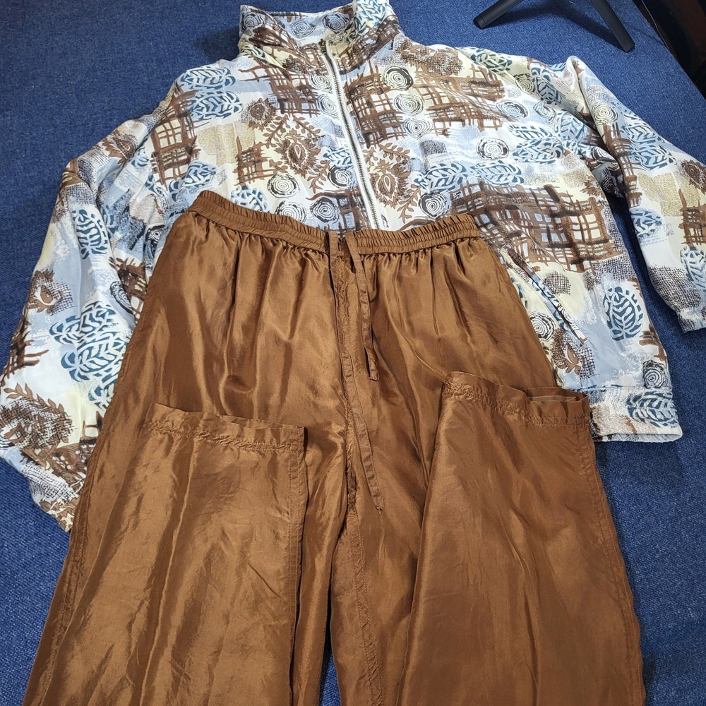 EVR Vintage 100% Silk 2 Piece Tracksuit Set Abstract Print Jacket Pants Brown M